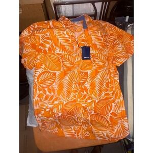 Crown & Ivy Mens Medium Orange Leaf Print Stretch Short Sleeve Button Down Shirt